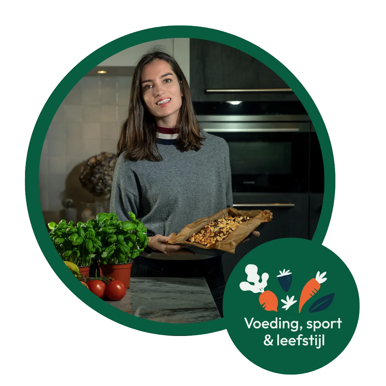 Esmée Borgts met een gezonde maaltijd en het logo van Voeding, sport en leefstijl
